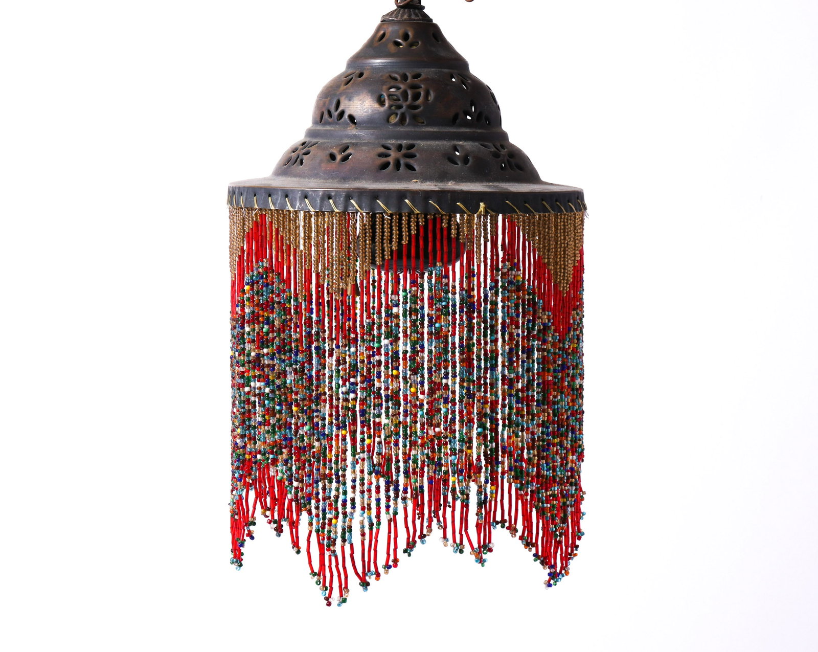 Moorish Beaded Fringe Boudoir Chandelier: Beaded fringe boudoir chandelier, 20th century, with single light and in the Moorish manner with colorful bead detail. 13.5" H to finial. Tarnishing, wear.