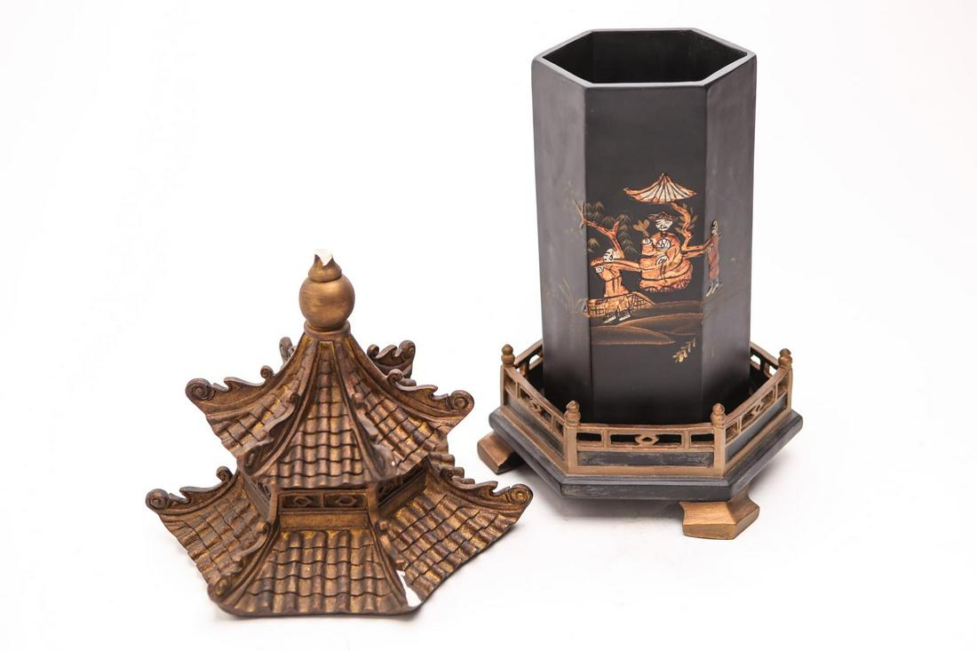 Asian Gilt And Lacquer Pagoda Form Box: Chinese vertical temple-form example, the lid removing. 20" H. Wear, losses, the tip of the temple roof and one tile end broken off.