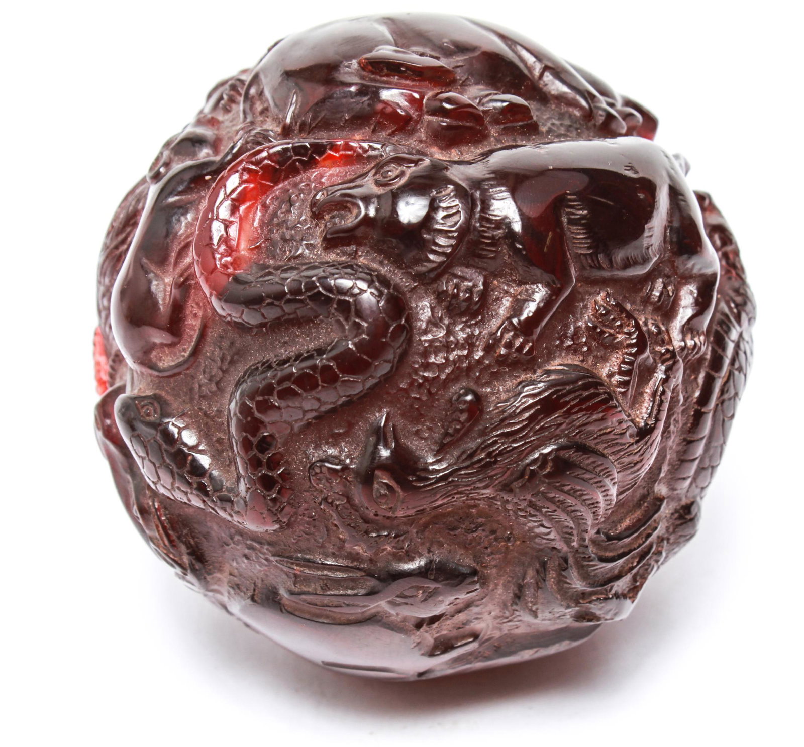 Chinese Faux Amber Sheng Xiao / Zodiac Ball: Chinese Sheng Xiao zodiac ball, the round faux amber with depictions of a rat, ox, tiger, rabbit, dragon, snake, horse, sheep, monkey, rooster, dog and pig, which comprise the 12 animals of the Zodiac