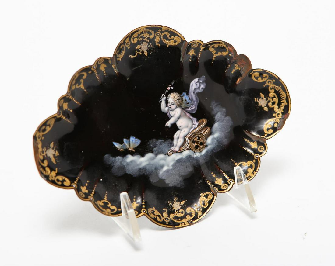 Enameled Copper Tray, Antique with Putto & Chariot (1 of 3)