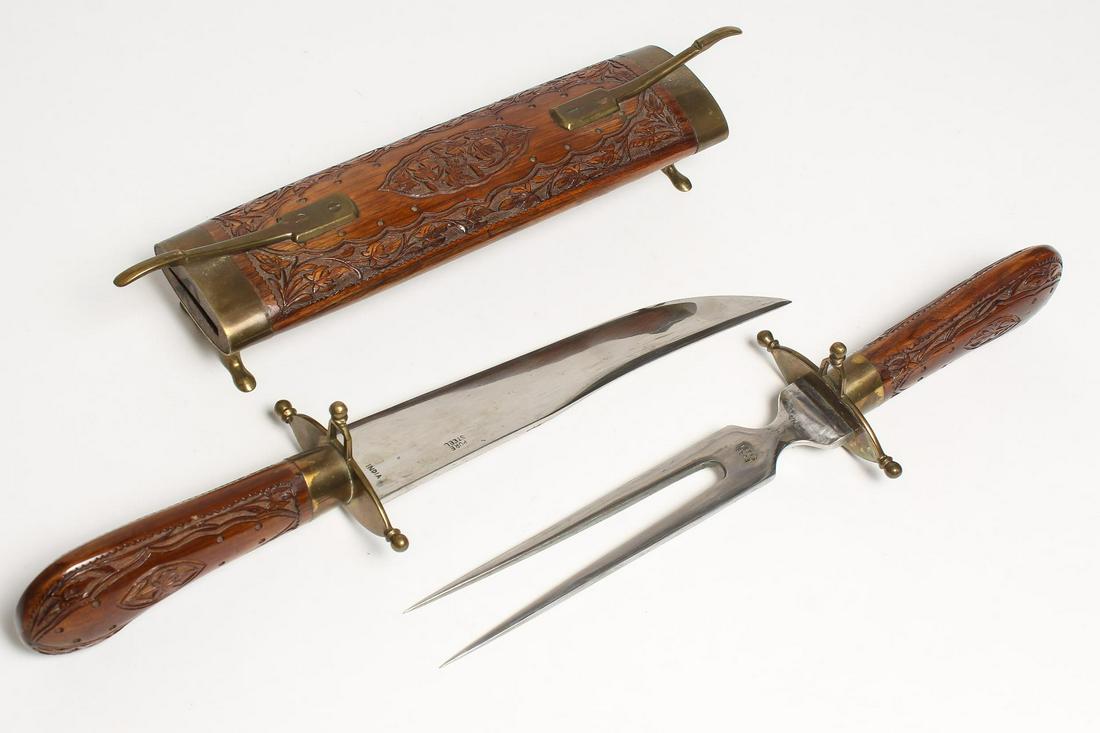 Indian Carving Set with Stand, Carved Wood & Brass (1 of 5)