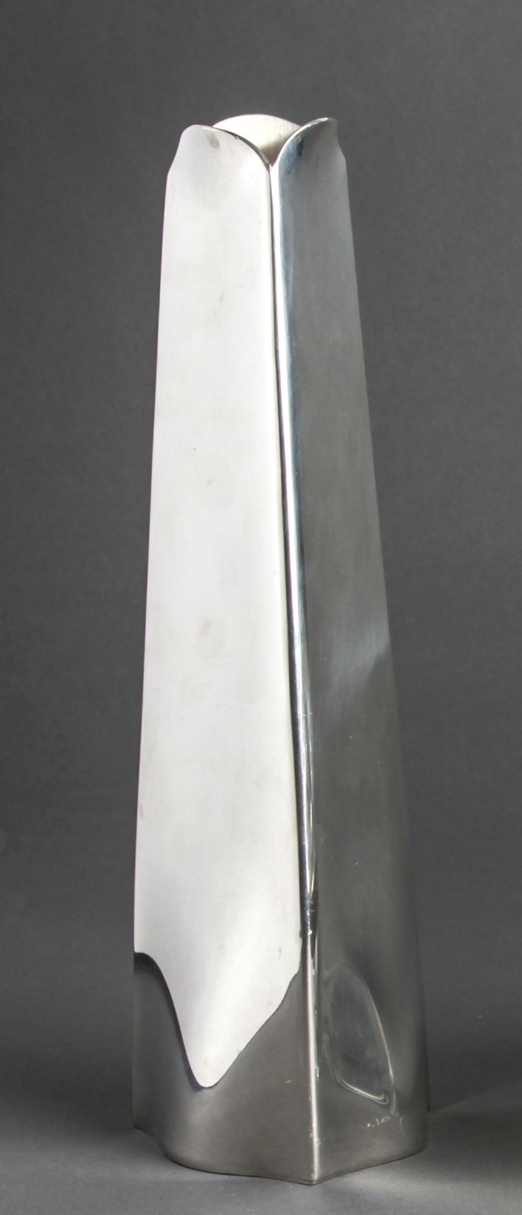 Pewter Crafters of Cape Cod Vase: Pewter Crafters of Cape Cod pewter vase, of triangular form. Tallest: 10.25" H.