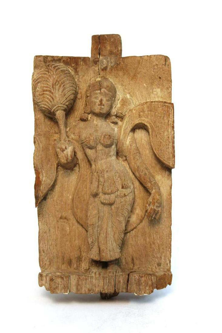 Indian Apsara with Fan, Carved Wood Plaque (1 of 13)