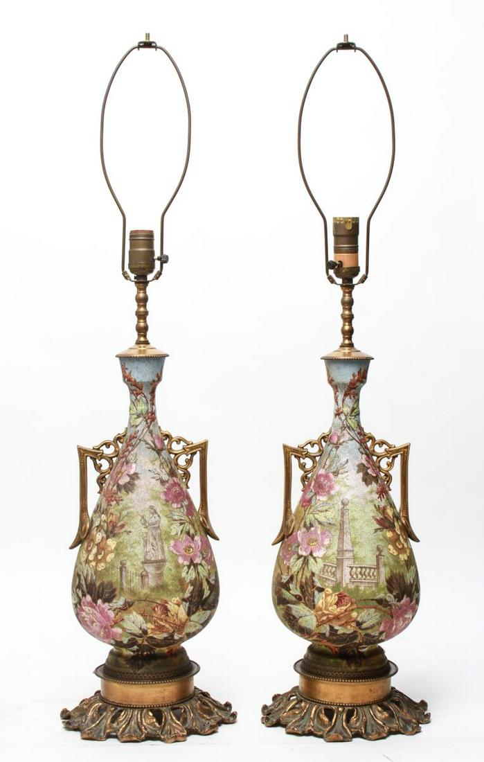 Continental Painted Porcelain Vase Lamps, Pair (1 of 10)