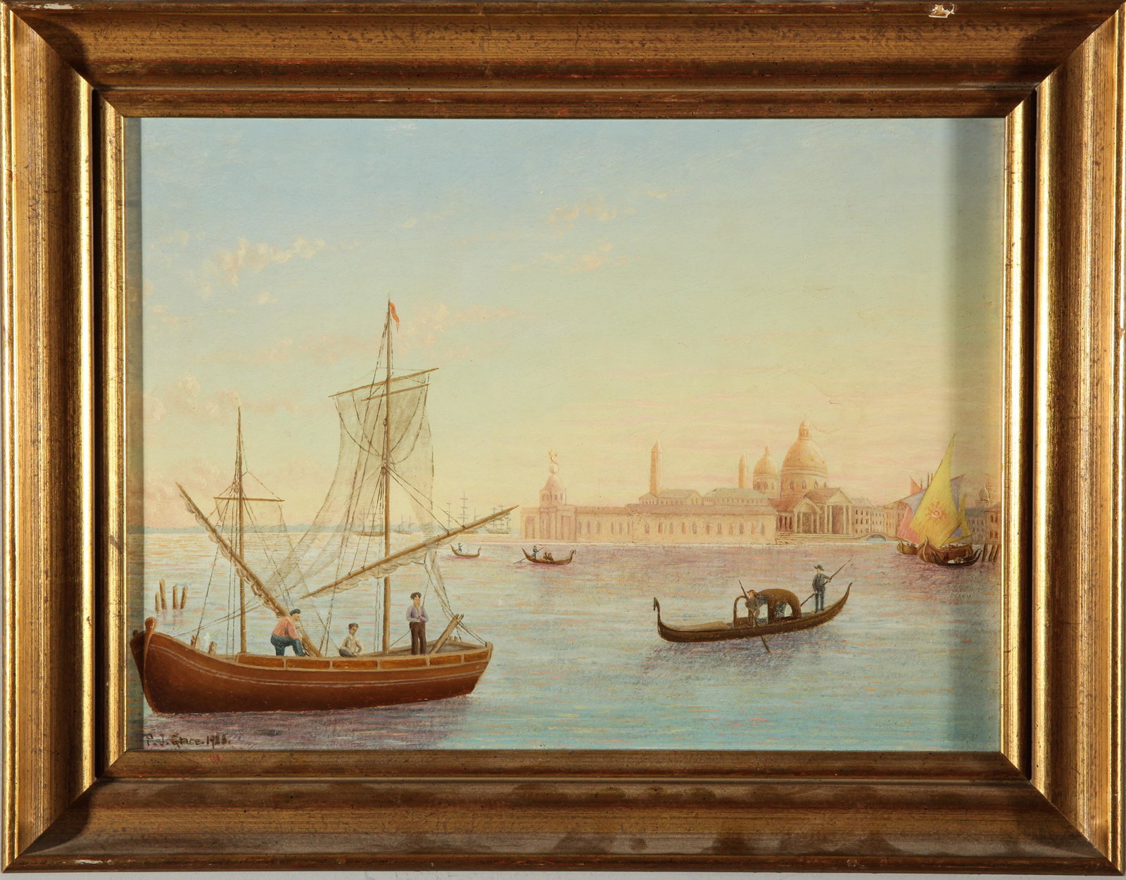 P.J. Grace Folk Art / Naive Venetian Gondola Oil: P.J. Grace Folk Art / Naive Venetian gondola scene with Venice skyline in background, oil on board, signed and dated lower left: "P.J. Grace 1988." Image: 10.25" H x 14.25" H; frame: 14.25" H x 18.25"