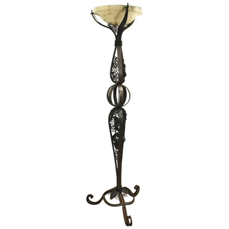 Edgar Brandt Manner Iron Torchiere Alabaster Shade (1 of 9)