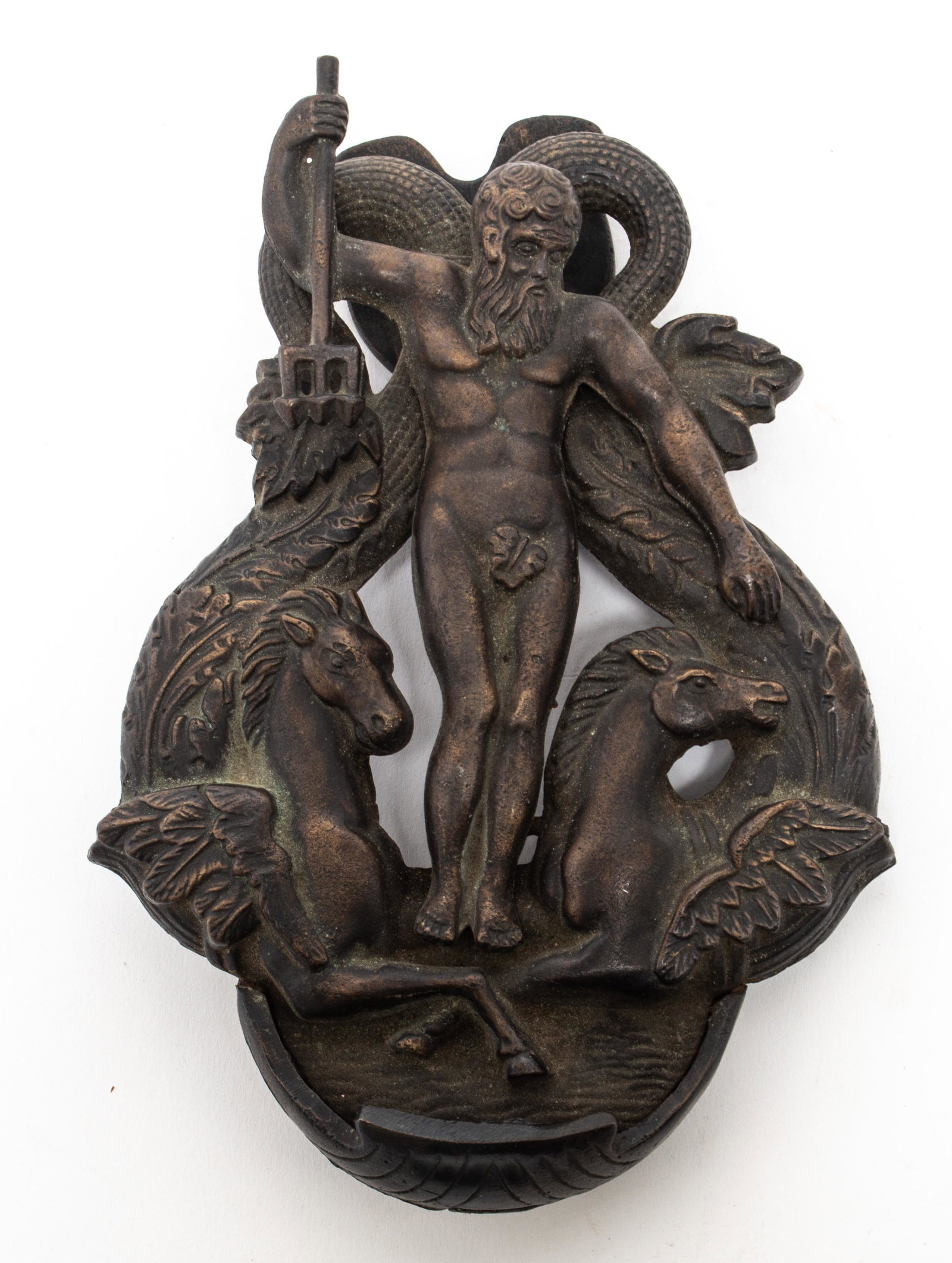 Cast Iron Neptune & Seahorses Door Knocker: Cast iron door knocker depicting Neptune / Poseidon flanked by two sea horses / hippocampi. 8" H x 6" W x 1.5" D.