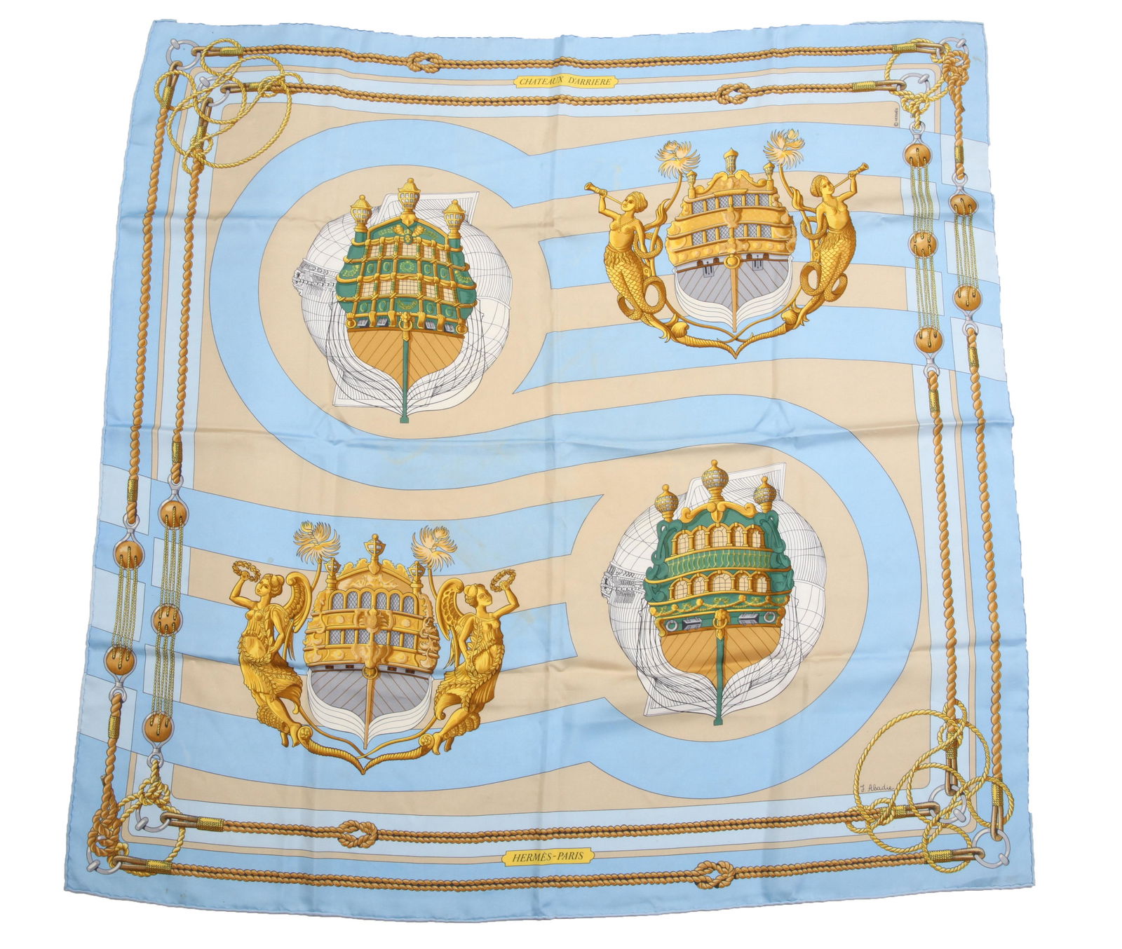 Hermes "Chateau D'Arriere" Silk Scarf: Hermes silk scarf, "Chateaux D'Arriere," original design by Julia Abadie, coat of arms with heraldic mermaids with trumpets and winged angels with wreaths, signed: "Hermes Paris." 35" square. Areas of