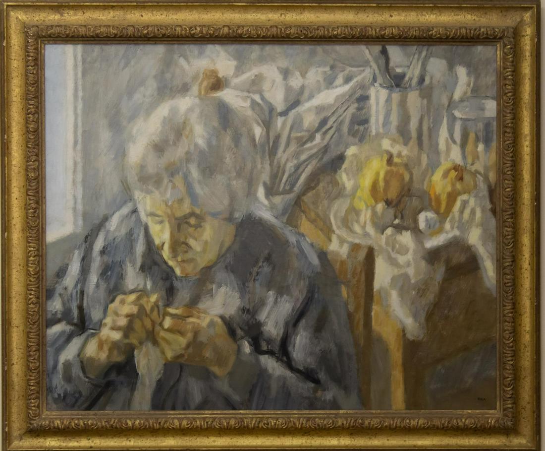 Josep Roca Sastre "Figura y Bodegon" Oil on Canvas: Josep Roca Sastre (Catalan / Spanish, 1928-1997) "Figura y Bodegon (Figure and Still Life)," oil on canvas, 1963, depicting an old woman sewing in front of a table with bowl of quinces, signed lower l