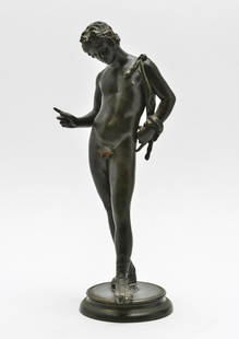 Pompeian Grand Tour Bronze Figure of Narcissus: Antique Italian cast bronze figure of Narcissus, after a reproduction by Sabatino De Angelis & Fils based on a Roman antiquity found at Pompeii in 1862. 13" H x 4.25" diameter.