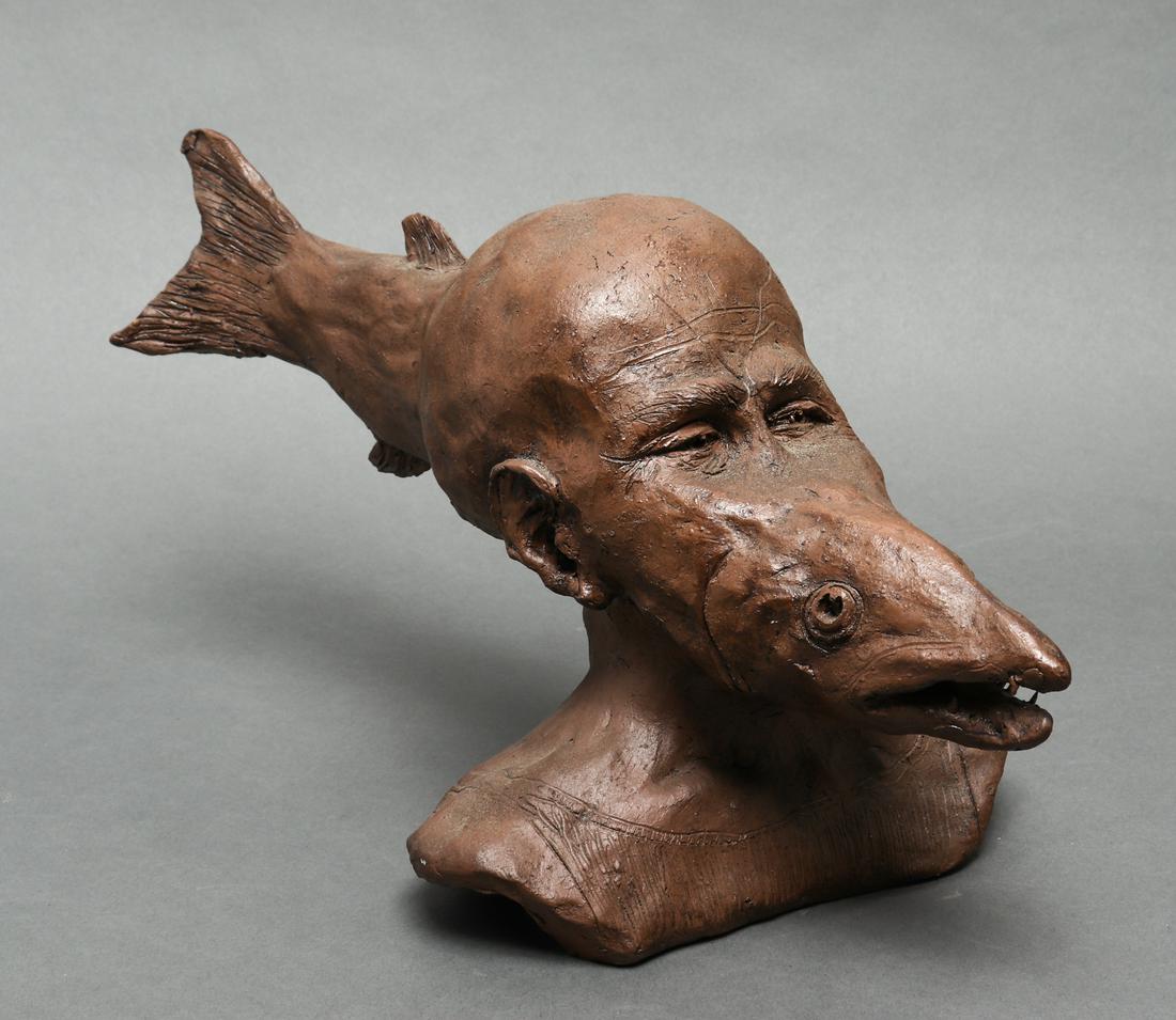 R. Pollok Surrealist Fish & Man Clay Sculpture (1 of 5)