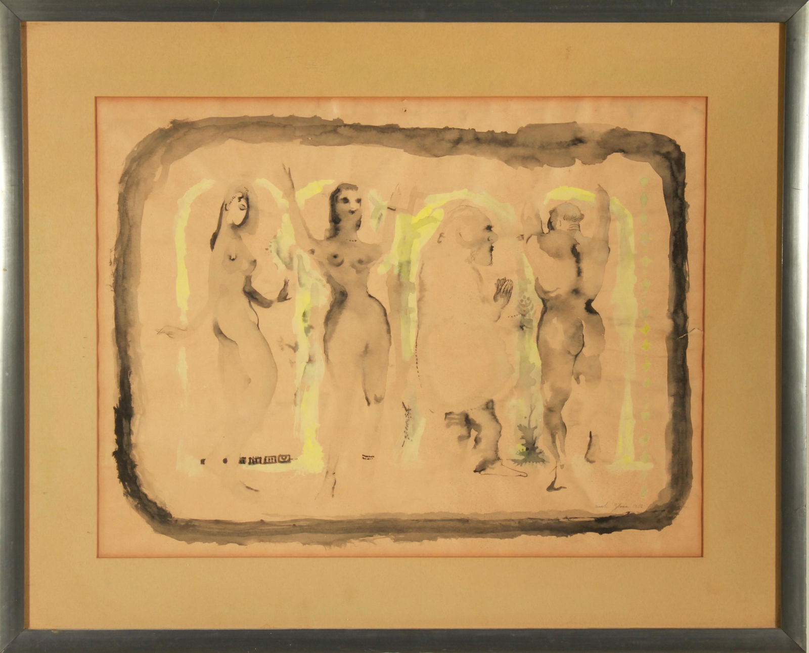 Illegibly Signed "Four Nudes" Watercolor on Paper (1 of 6)