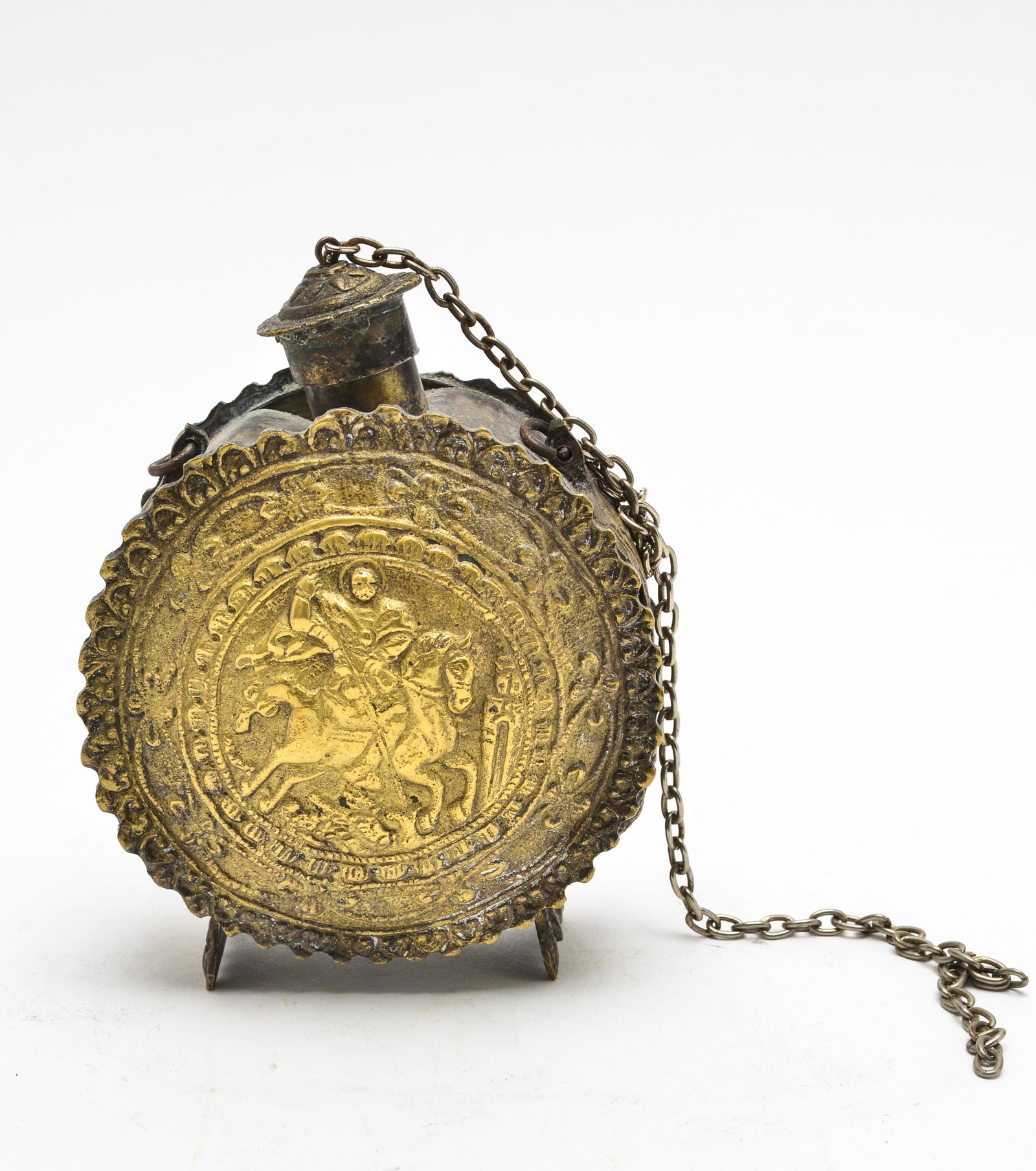 Greek Brass Gun Powder Flask w St. George, Antique: Antique Greek brass gun powder flask, depicting Saint George slaying the dragon on central medallions, and double headed Byzantine eagles to each side. 4.5" H x 3.5" W x 1.75" D.