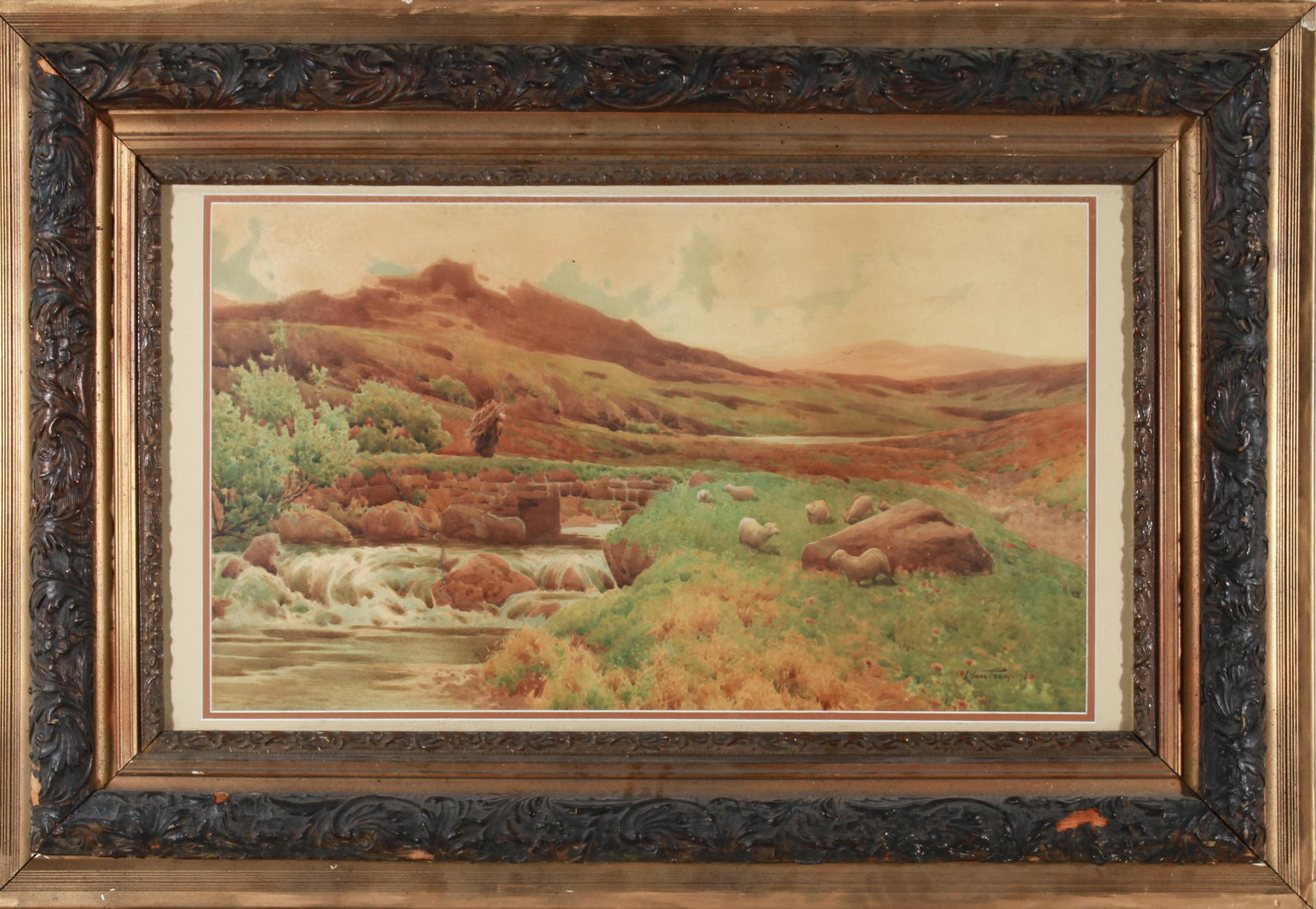 Lynus-Gray "Landscape w Sheep" Watercolor, 19th C. (1 of 8)
