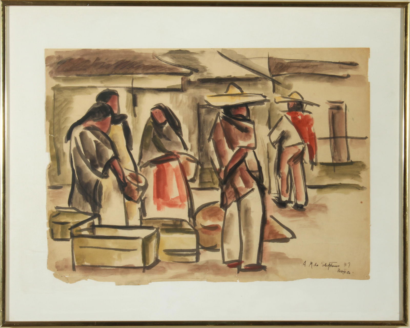 Illegibly Signed "Mexican Figures" Watercolor 1937 (1 of 5)