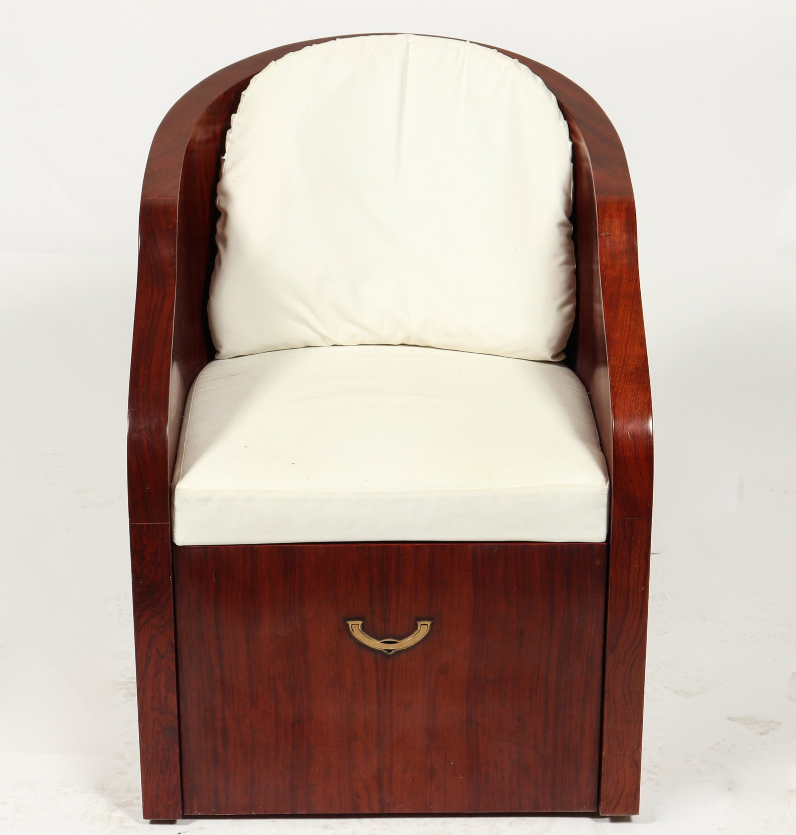 Ralph Lauren Art Deco Manner Tub Armchair: Ralph Lauren Art Deco manner exotic hardwood armchair, of tub form, with white upholstered cushions within undulating curved arms. 32.5" H x 24" W x 28" D.