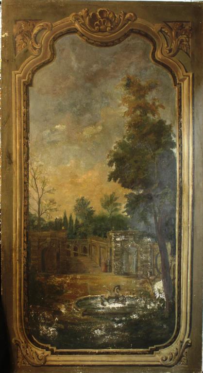 Landscape w Trompe L'Oeil Frame Oil on Canvas: Landscape scene depicting a courtyard with winged horse statuary in a fountain, set within painted architectural molding, oil on canvas, 20th century. Canvas: 74"H x 40"W. Paint loss at bottom half.