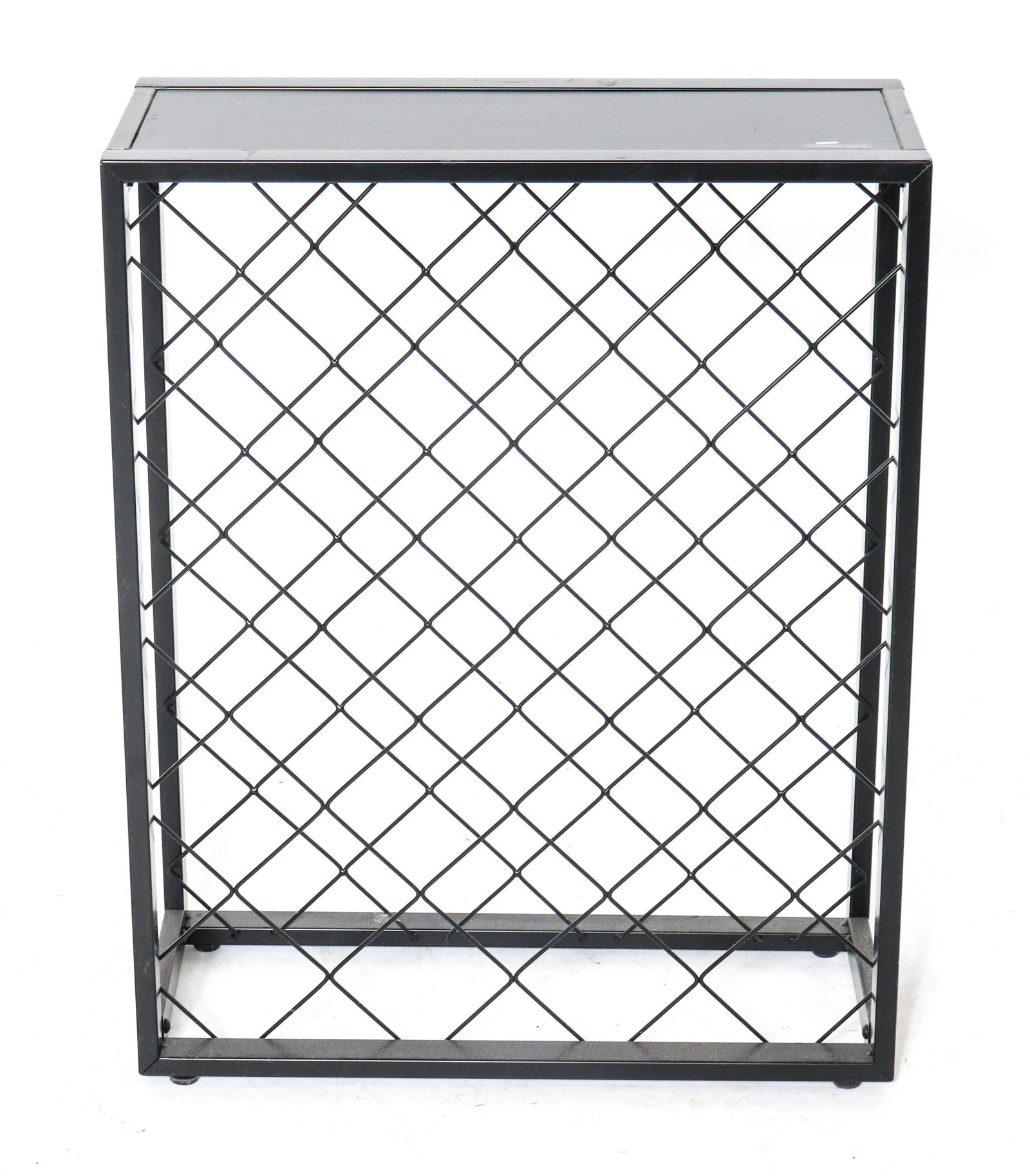 Ebonized Metal Small Wine Rack or Console Table: Modern metal wine rack console table with black tempered glass top. 26.5" H x 21" W x 9" D.