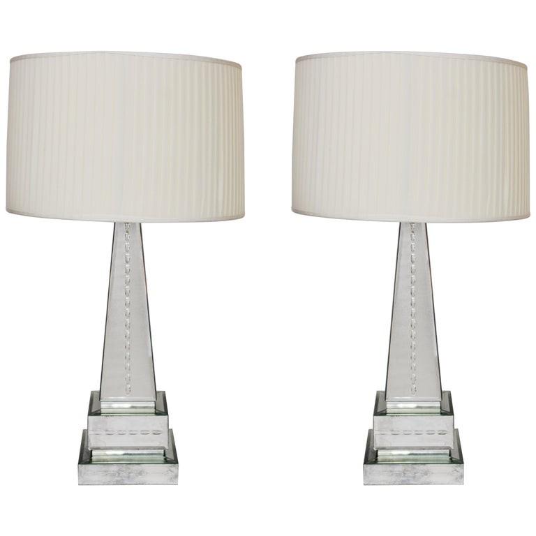 Hollywood Regency Mirrored Obelisk Table Lamps, Pr (1 of 12)