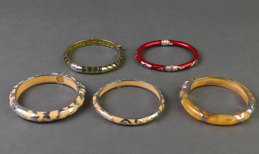 Angelique de Paris & Italian Bangles, 5: Group of five sterling silver overlay hinged bangle bracelets, comprising four Angelique de Paris silver and resin bracelets in the Veranda, Bamboo, Farfalle, and unknown pattern, each marked "925 AP,