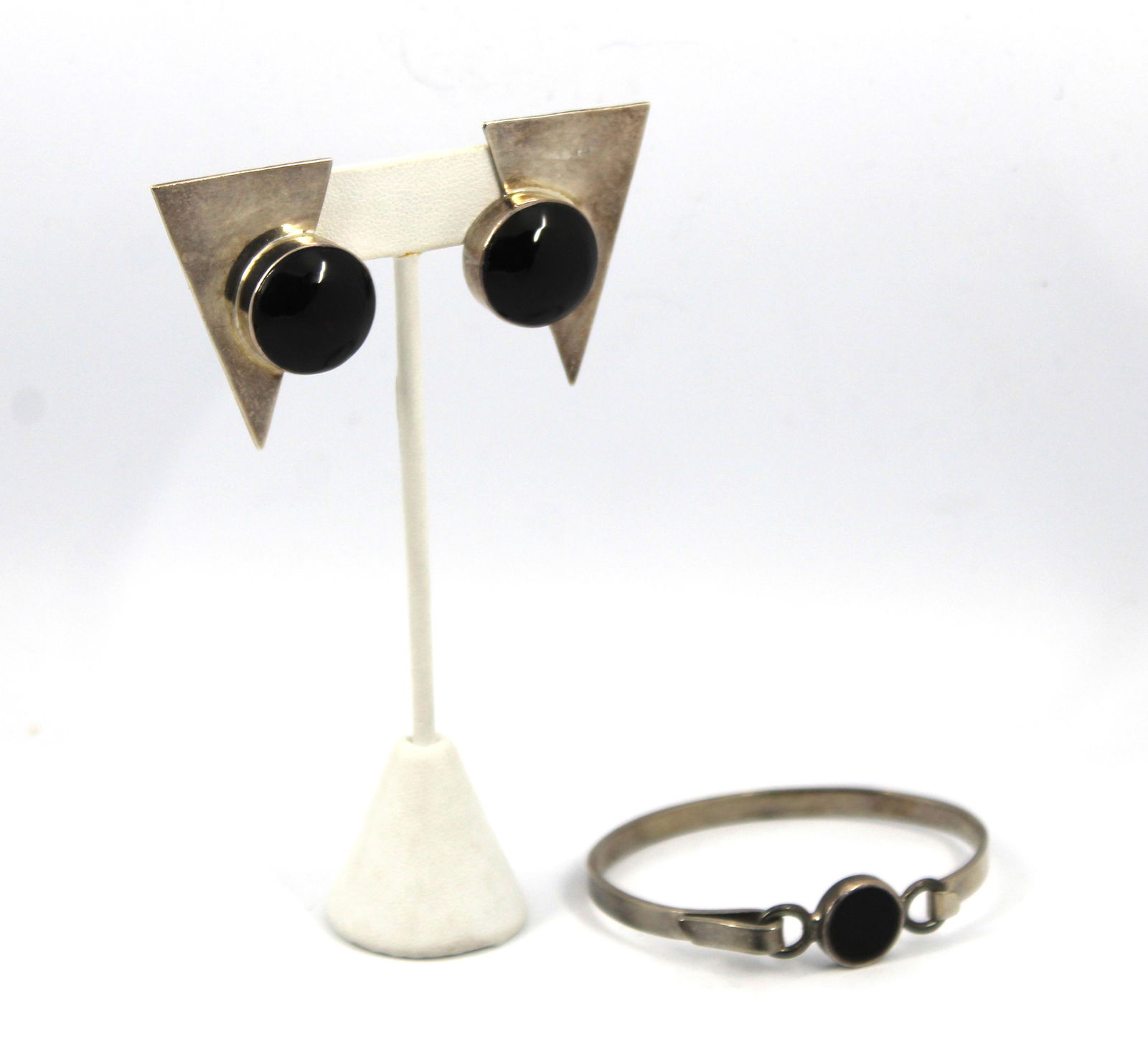 Mexican Sterling & Onyx Modern Earrings & Bracelet (1 of 8)