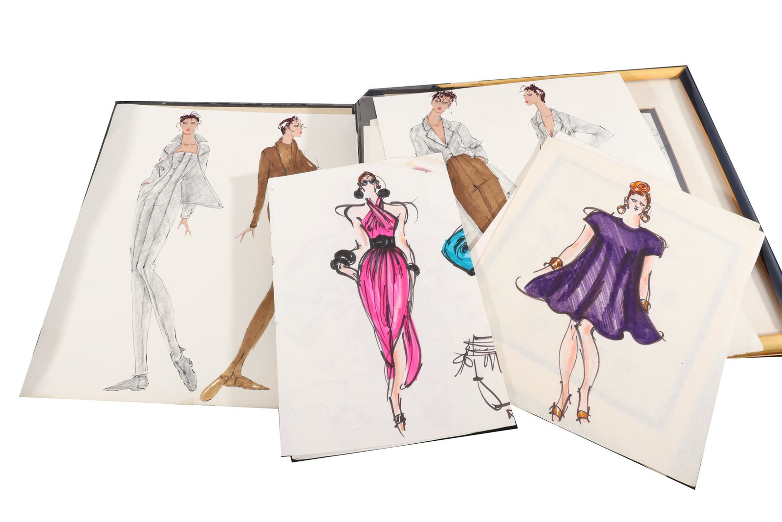 Patrick Robinson Ink and Marker Fashion Sketches: Multiple sketches in folder. Folder: 18" H x 14" W x 0.5" D. Substantial wear to folder, general wear to sketches.
