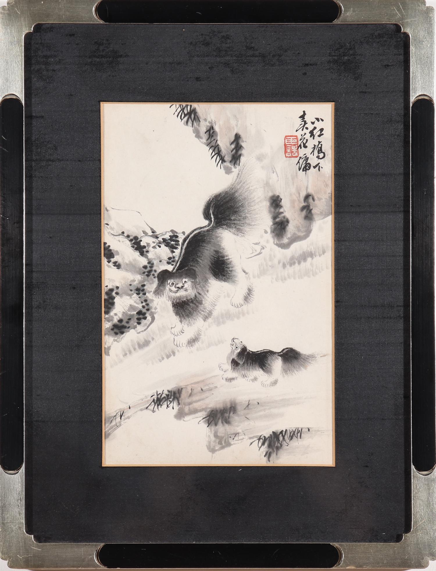 Japanese Ink on Paper Foo Dogs Drawing: Image: 10.75" H x 6.75" W; frame: 17" H x 13" W x 1" D.