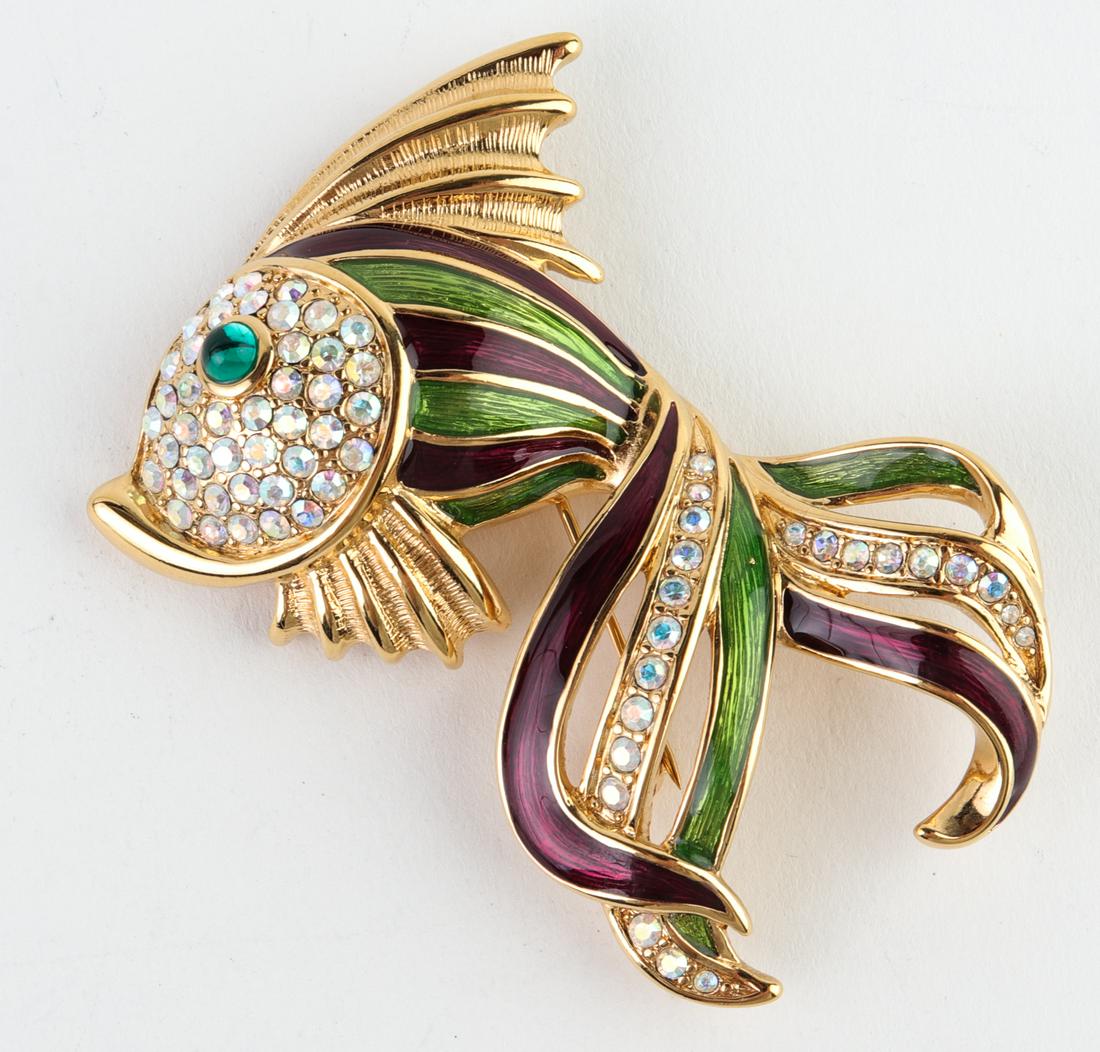 Trifari 1997 Fish-Form Rhinestone & Enamel Brooch: Trifari 1997 fish-form brooch / pin with rhinestone and enameled detailing throughout, hallmarked to reverse. 2.75" H x 2.5" W.