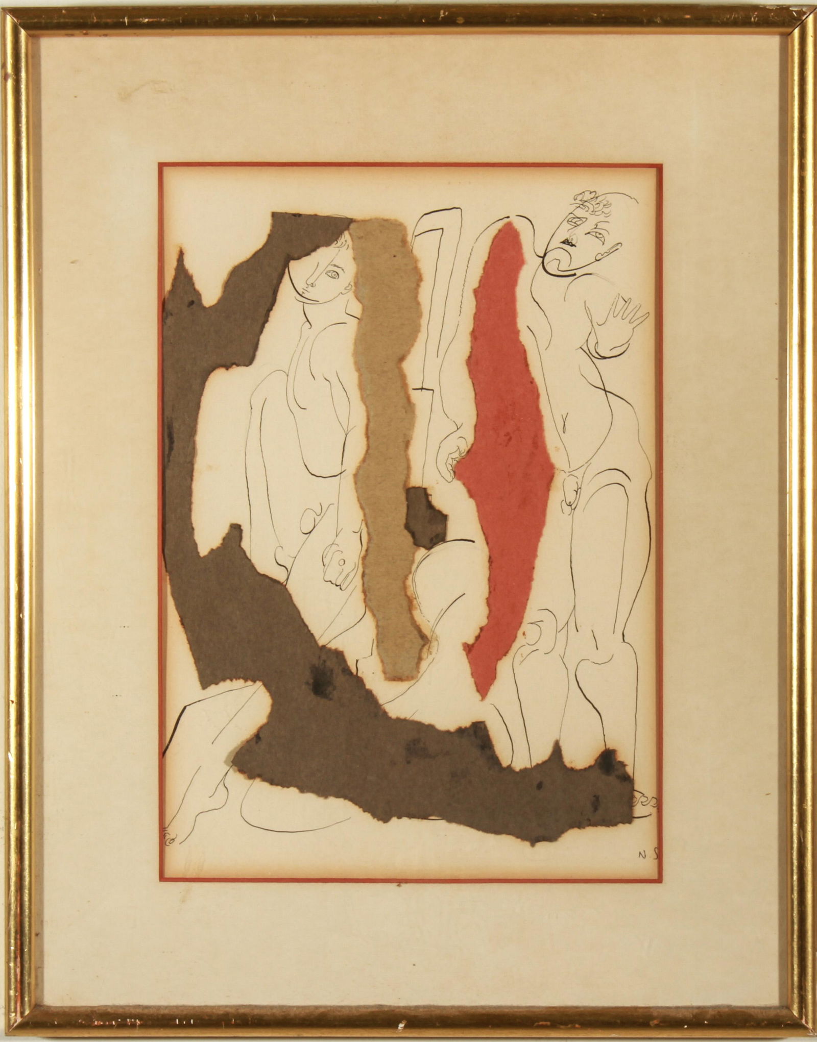 N.S. Monogrammed Figural Mixed Media on Paper (1 of 4)