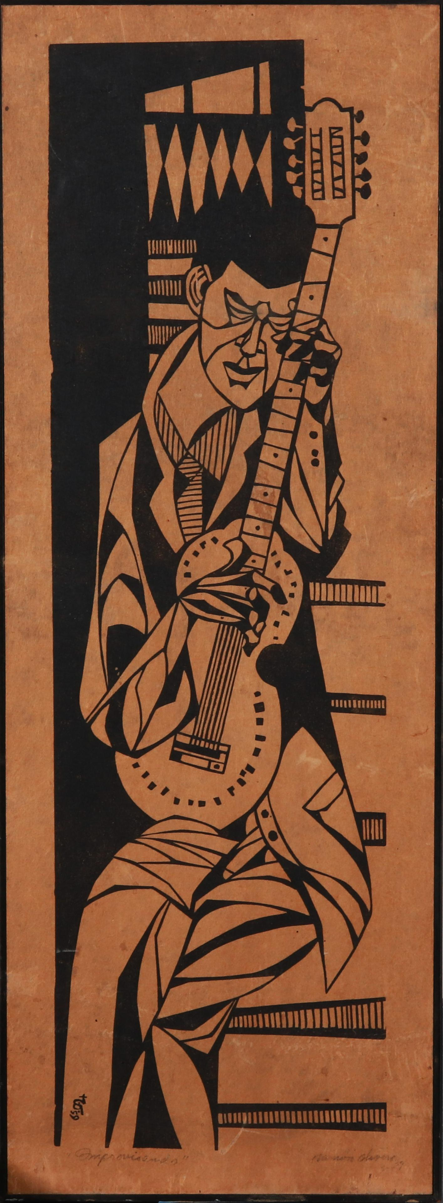 Illegibly Signed Musician Print on Board (1 of 2)