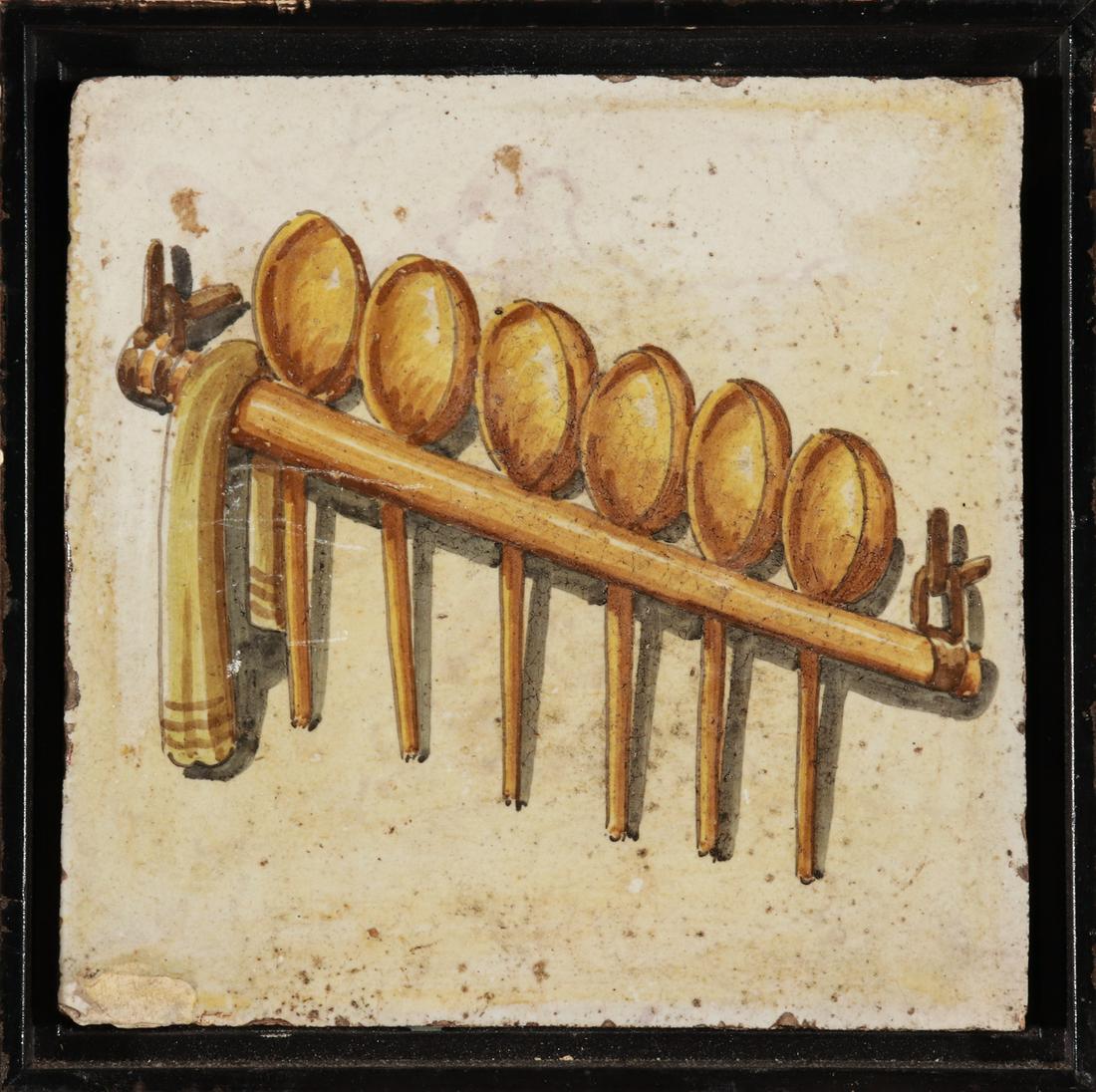 "Spoon Rack" Painting on Plaster Tile, Framed: Tile: 7.75" square; frame: 9" square x 1.5" D. Surface wear to tile and frame.