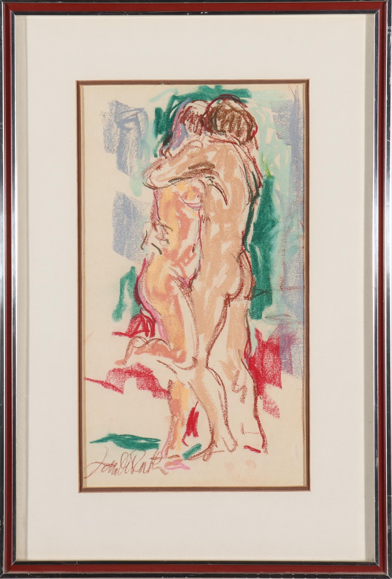 Jan de Ruth Couple Embrace Pastels on Paper: Jan de Ruth (American/Czech, 1922–1991) pastels on paper depicting nude couple embracing, bearing signature lower left, with inscription "happy birthday gift certificate of love to Basha from Louis,