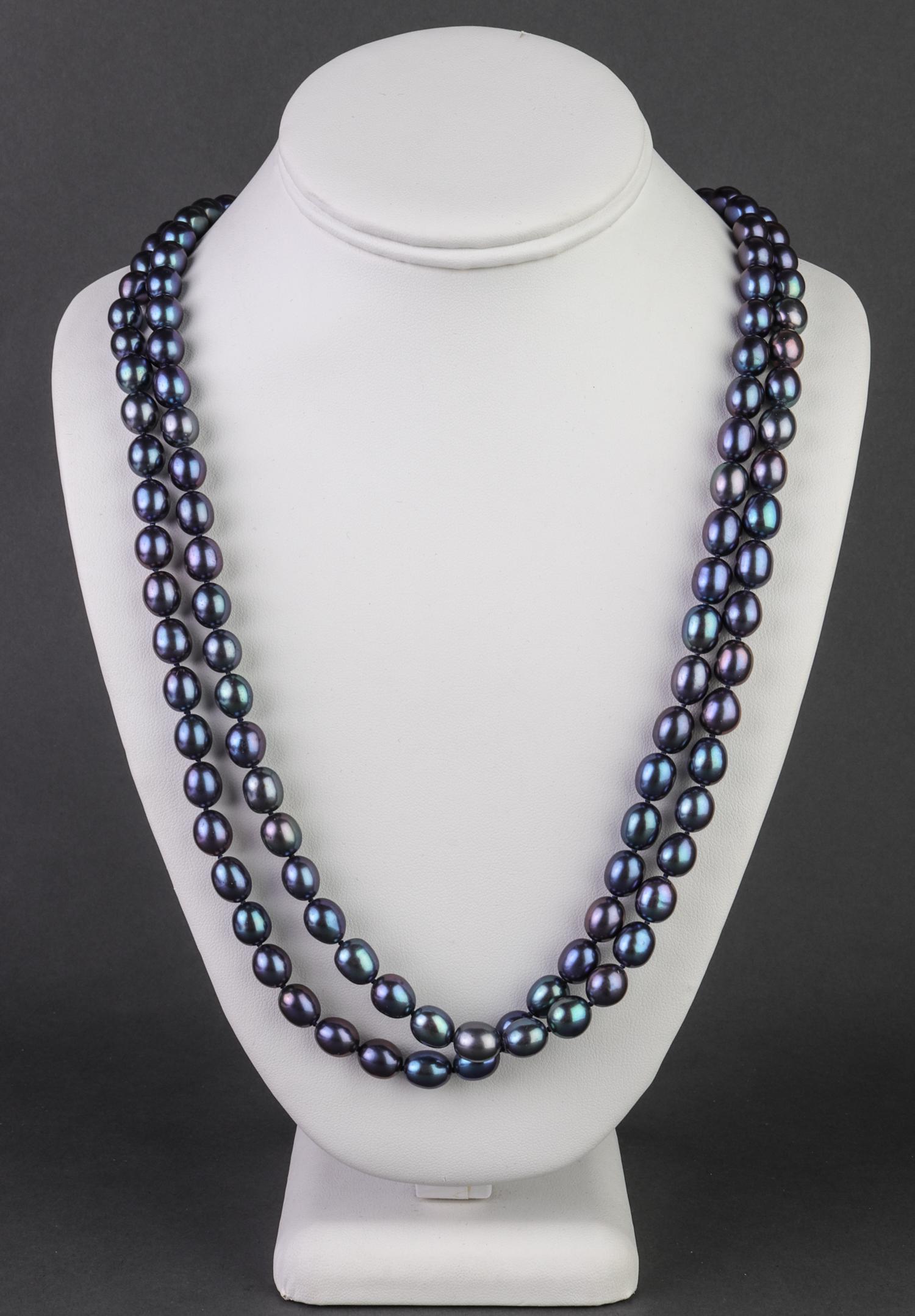 Opera Length Multi-Color Tahitian Pearl Necklace: Tahitian pearl strand in tones of grey, green, and purple, 58" L., in box.