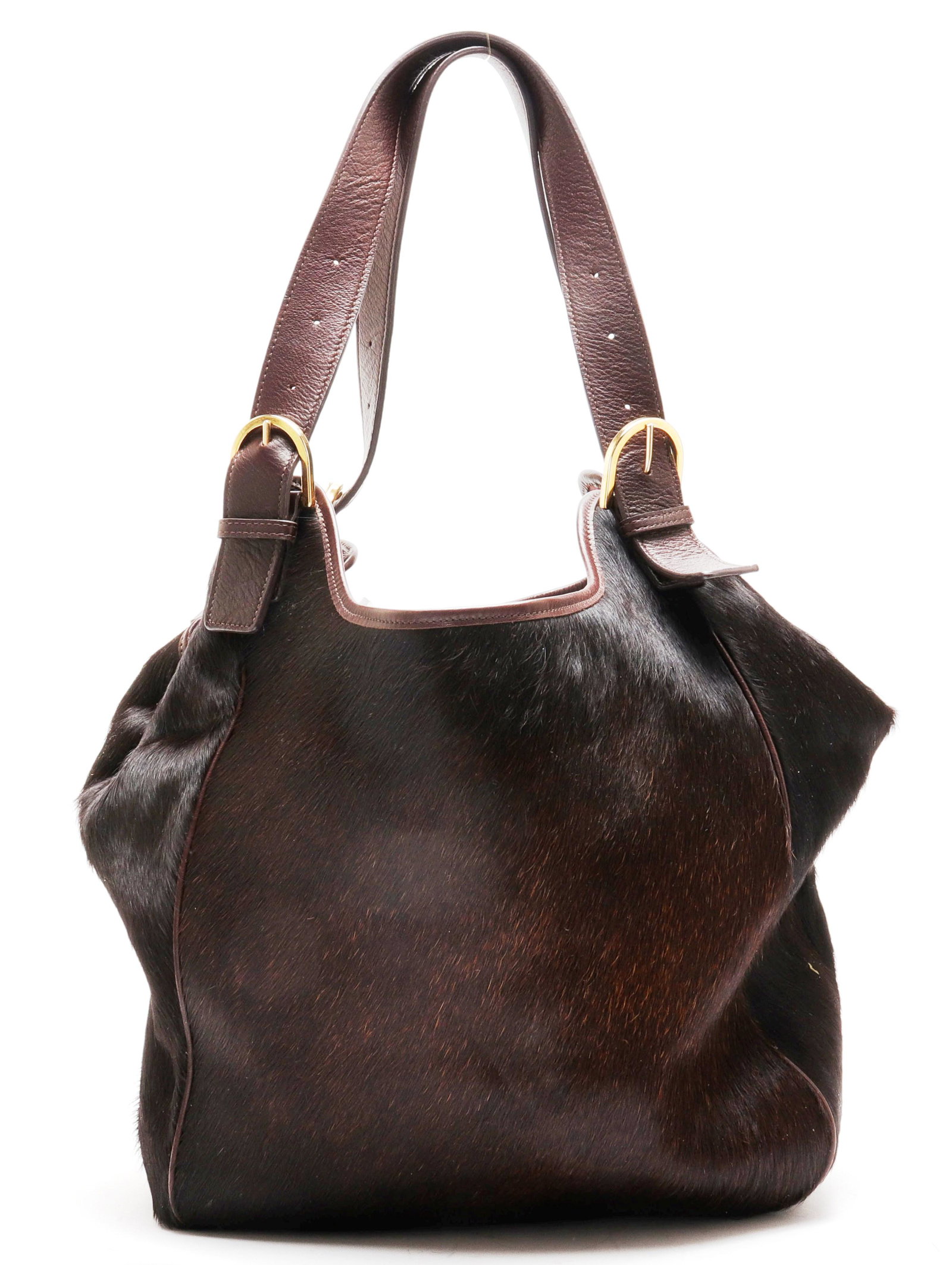 Nina Griscom for Gigi Haircalf Shopper Tote: Nina Griscom for Gigi haircalf shopper tote / handbag, snap closure, interior with zipper compartment, maker's label: "Gigi New York." 16" H x 18" W x 6" D. Property from the Estate of designer, model