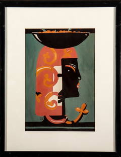 Michaele Vollbracht "Mask with Bowl": After Michaele Vollbracht print, signed in image lower left. Image: 14.25" H x 9.75" W; frame: 22" H x 17.5" W x 0.625" D.