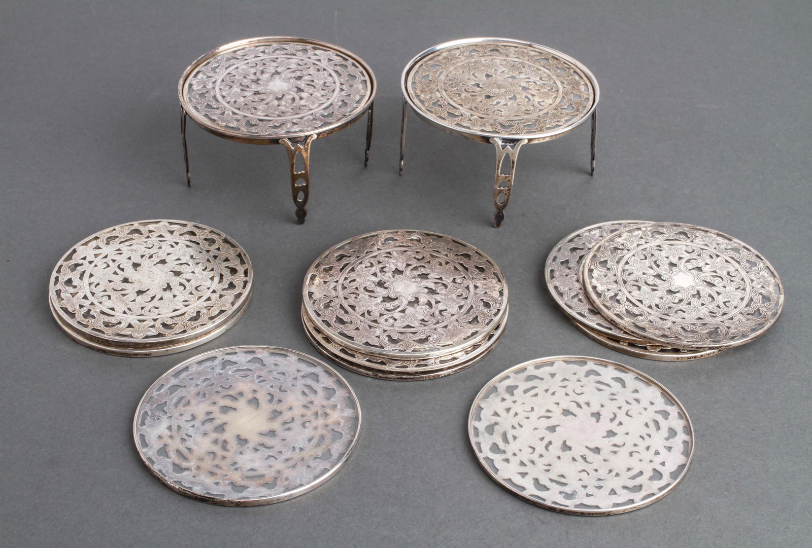 Sterling Silver & Glass Coasters w 2-Stands Set 12 (1 of 5)