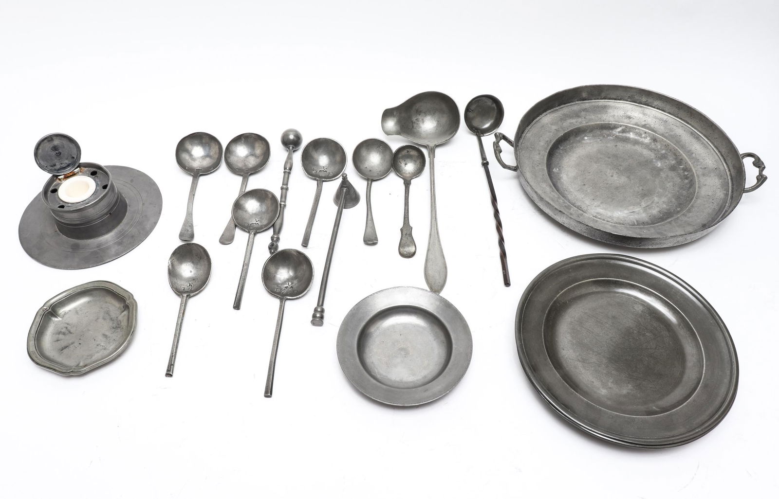Pewter Plates, Utensils, & Inkwell, 20 Pieces (1 of 5)