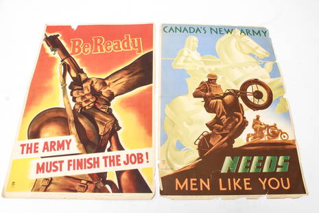 Canadian WWII Recruitment Posters, c. 1942-2: Two original Canadian WWII small recruitment color posters, circa 1942, the first "Canada's New Army Needs Men Like You," designed by Eric Aldwinckle and Albert Cloutier, depicting a knight on horseba