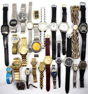 Assorted Ladies' Watches, Incl. Coach, 25: Assortment of ladies' wristwatches, group of 25, comprising Coach, Seiko, Evertime, Casio, Citizen, Neiman Marcus, Skagen, Norman De Luxe, Desta with zebra hide strap, Anne Klein, Juicy Couture, Fossi