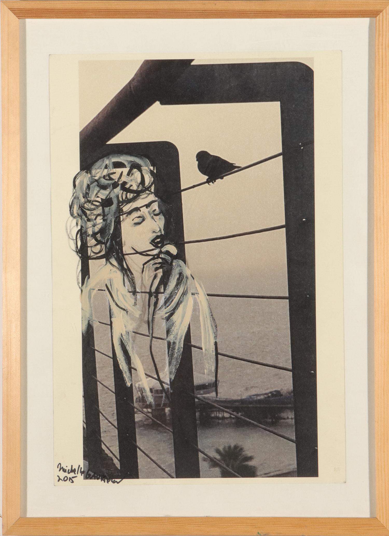 Michelle Gavrielov Mixed Media Figural Composition: (American / Israeli), mixed media over photographic print, signed and dated lower left: "Michelle Gavrielov 2015." Image: 19" H x 13" W; frame: 23.5" H x 17.25" W.