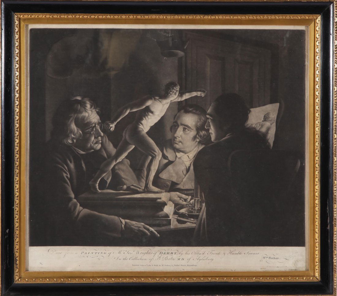 William Pether, Old Master Print, 18 C Mezzotint: William Pelther important Old Master mezzotint "Three Persons Viewing the Gladiator by Caudlelight [Candlelight] after Joseph Wright of Derby,: 1769" published July 10th, 1769. Image: 19.5" H x 22.5"