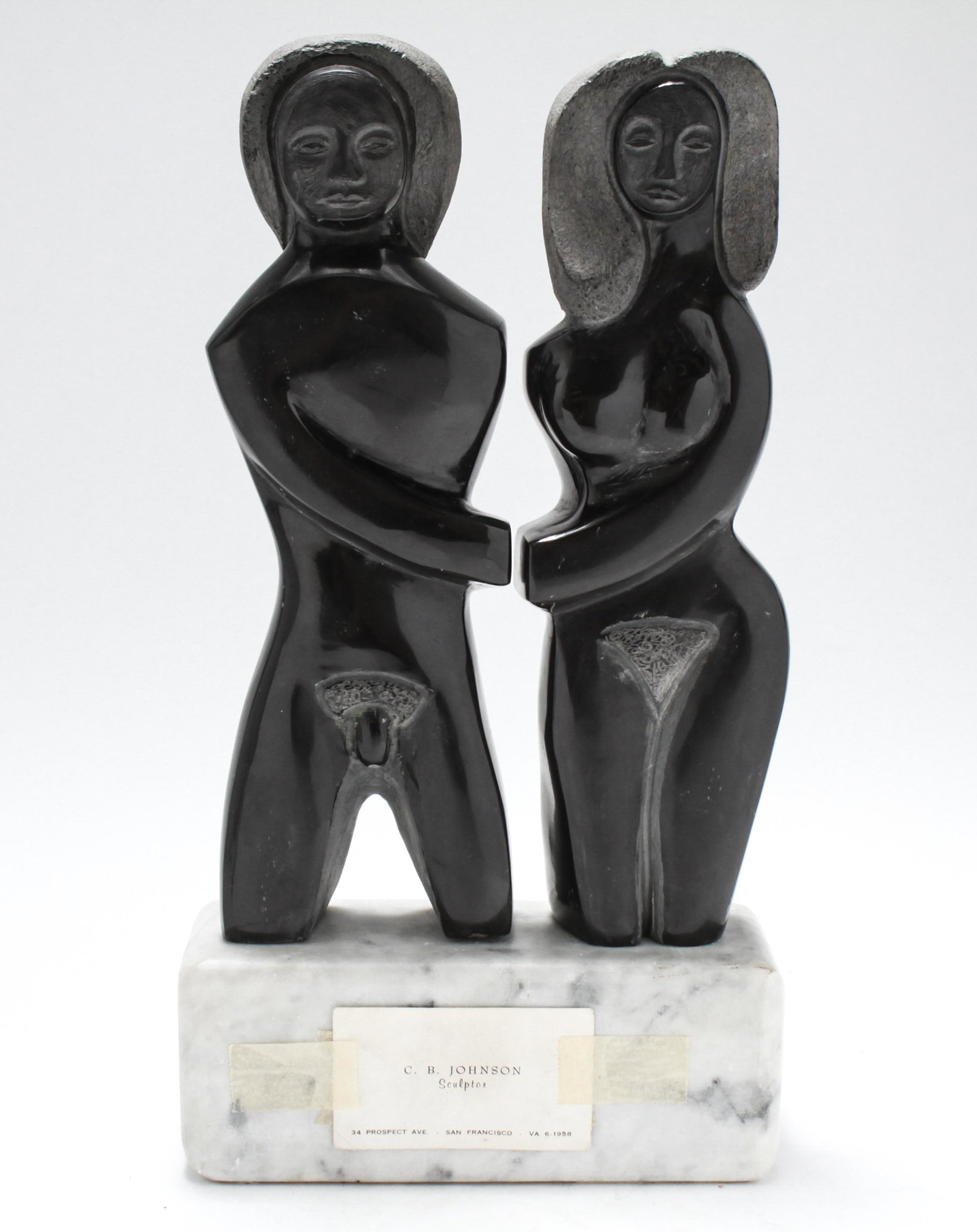 C. B. Johnson Carved Marble Nude Figural Sculpture: Charles Bertram Johnson (American, 1915-1997) carved marble sculpture, two black marble nudes, man and woman, on rectangular white marble base, figures initialed and dated "CBT 76," sculptor's busines