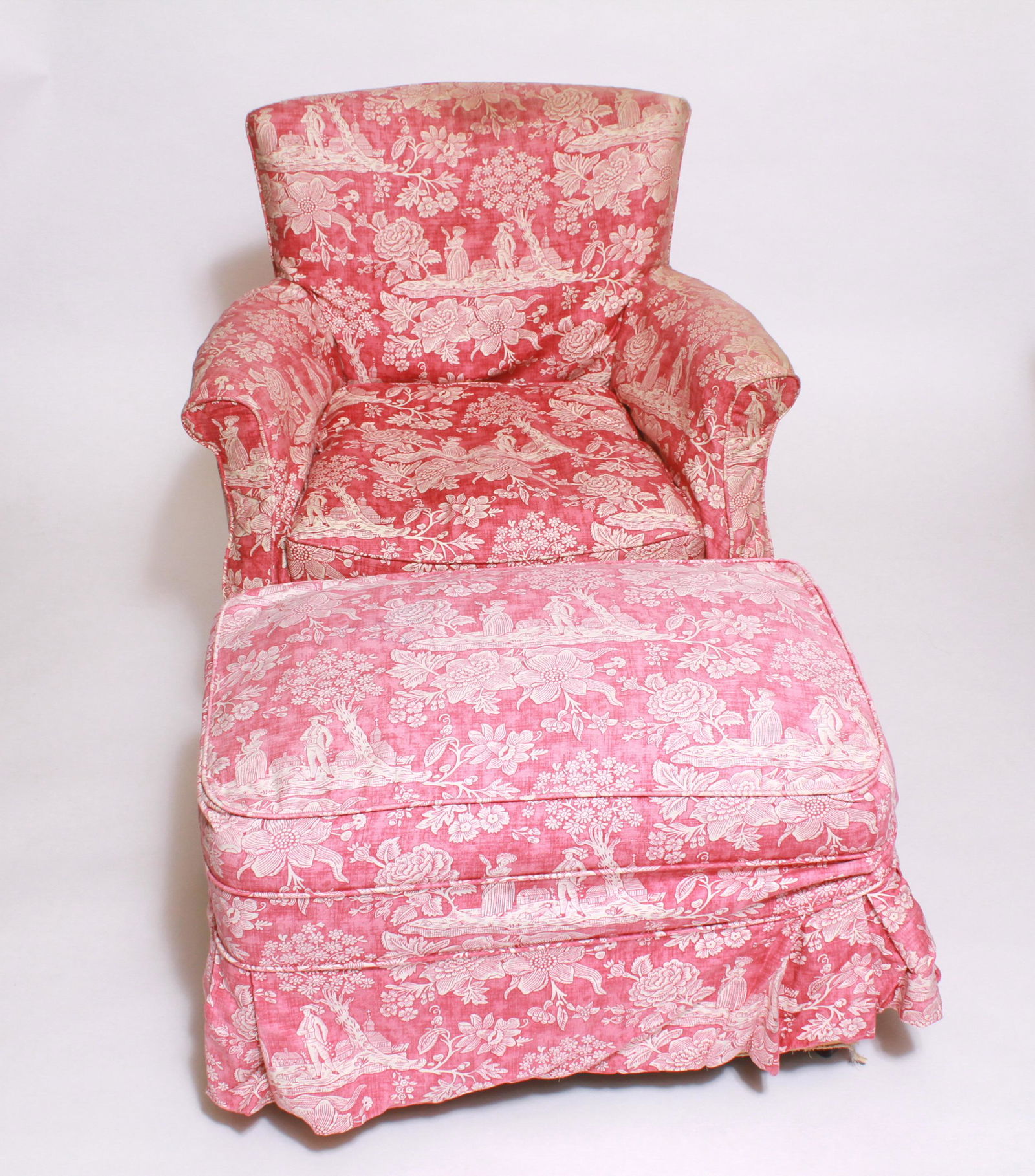 Armchair / Chair & Ottoman w Pink Toile Upholstery (1 of 16)