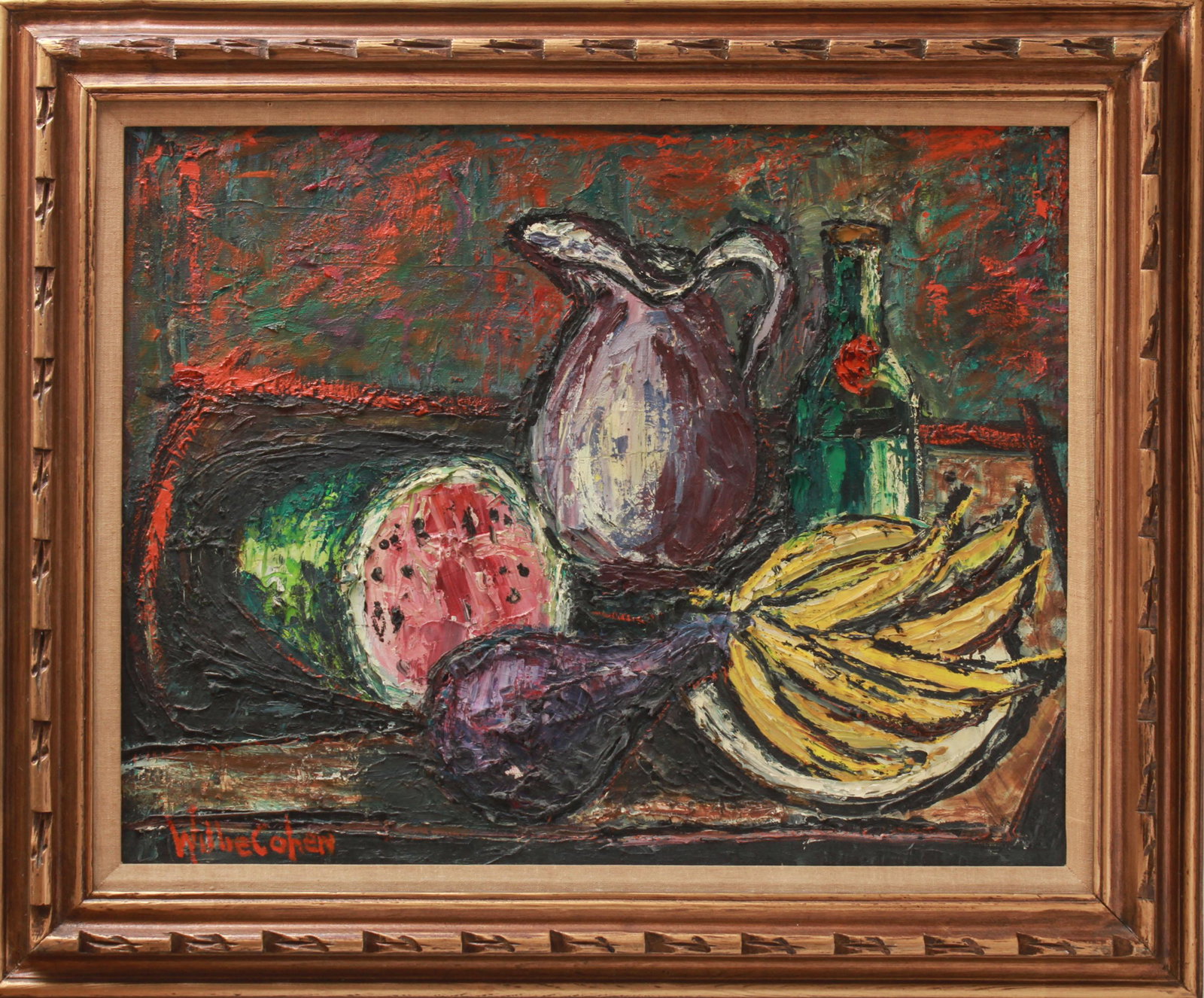 Willie Cohen "Still-Life" Oil on Canvas: Mid-Century, Willie Cohen "Still-Life with pitcher, bananas and watermelon," signed lower left: "Willie Cohen," oil on canvas, dated on reverse: "F 1961." Image: 22" H x 28" W; frame: 29.75" H x 35.5"