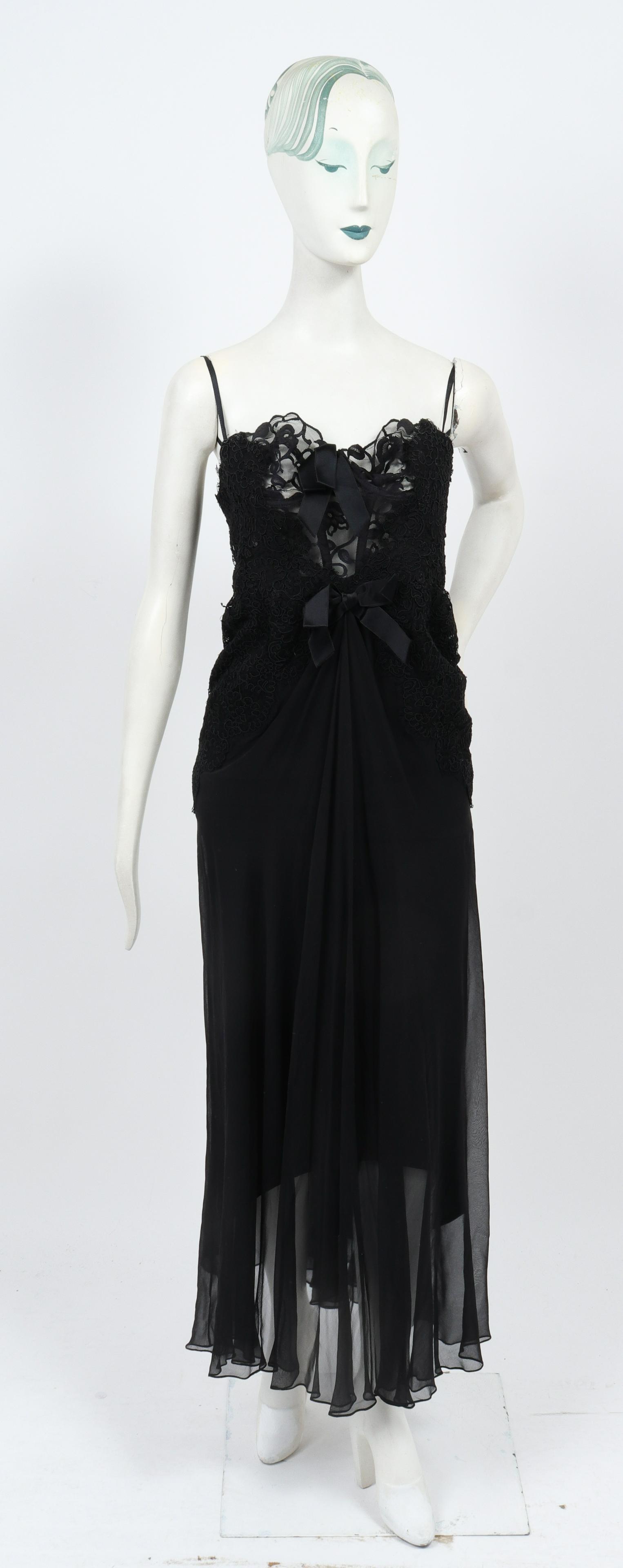 Bill Blass Lace Bustier Lingerie Full-Length Dress: Bill Blass lace bustier lingerie full-length dress, with lace detailed bodice with bow detailing, with crepe de chine bottom over slip lining, designer's label "Bill Blass" to interior, zipper closure