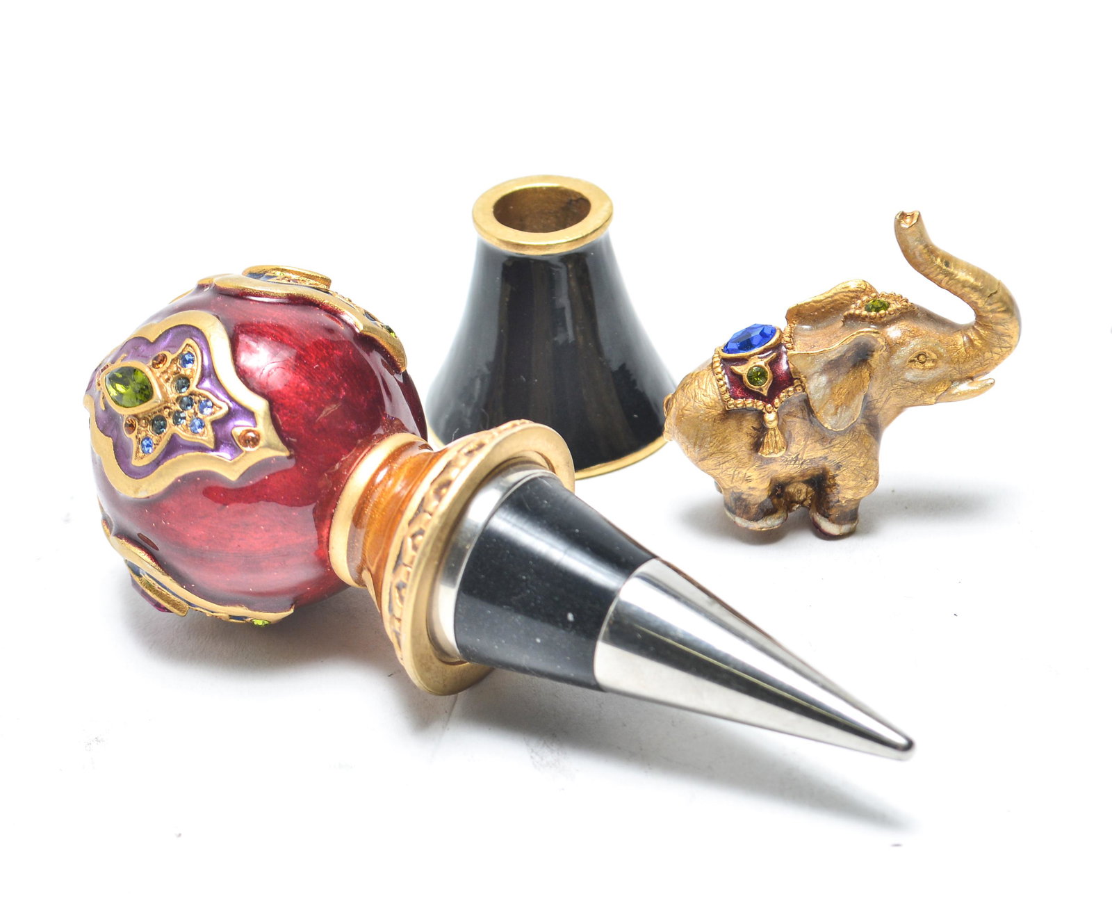Jay Strongwater Decanter Stopper & Elephant, 2: Jay Strongwater decanter stopper and base, marked: "Jay Strongwater" and an elephant figurine, unmarked. Tallest 4" H.