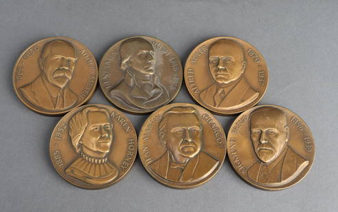 Bronze "Pathfinders in Psychiatry" Medallions, 6: Group of 6 bronze metal "Pathfinders in Psychiatry" medallions commissioned by Abbott Laboratories, featuring portraits, biographical information, and achievements of Adolf Meyer, Jean-Martin Charcot,