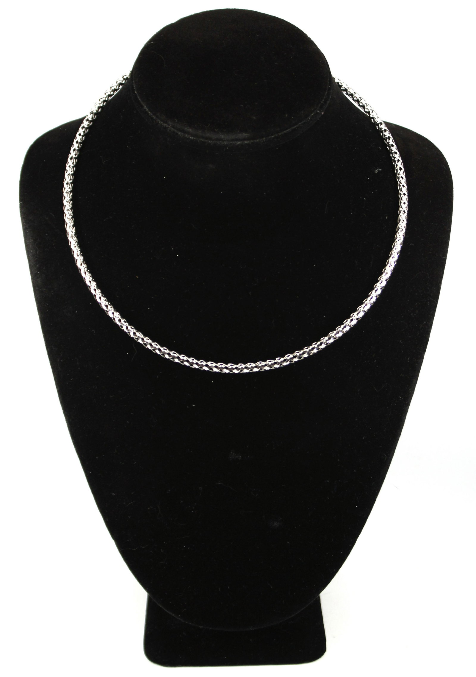 Milor Designer 14K White Gold Woven Choker: Modern Milor designer 14K white gold woven choker necklace with adjustable length lobster claw clasp, marked on terminals "14KT / Italy" and "Milor." Adjustable from approx: 16.5" L to 18.5" L x 0.125
