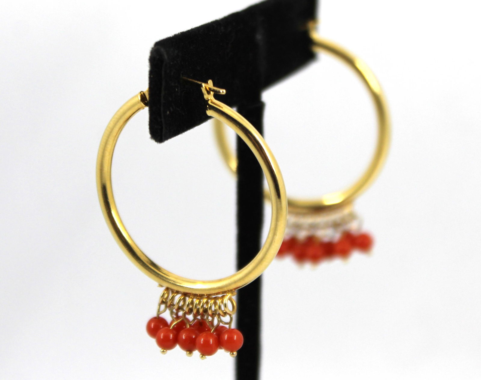 14K Yellow Gold Hoop Earrings w Coral Bead Drops (1 of 4)