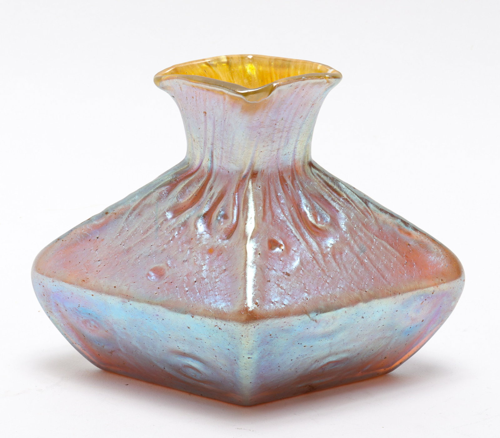 Loetz Art Nouveau Iridescent Art Glass Vase: Loetz Art Nouveau diamond-form iridescent art glass vase. 4.5" H x 6.25" W x 4" D.